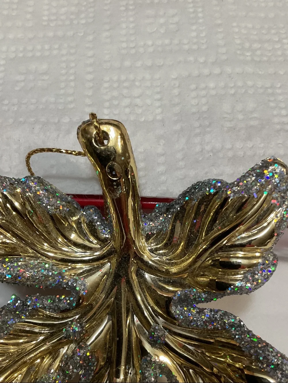 Gold Glitter Leaf Holiday Ornament - Decorative Hanging Accent